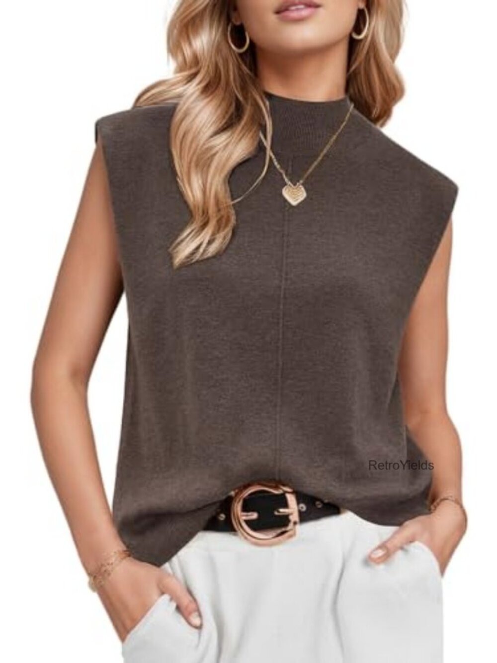 Women's Wool Blend Mock Neck Sleeveless Sweater Vest Work Top Relaxed Fit
